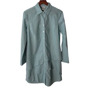 Finley Women Blue Cotton Linen Asymetric Tiered Ruffle Button Down Shirt Dress S